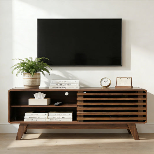 TV Stand Walnut MDF Slatted Sliding Door Fits 50 In TV Cable Management