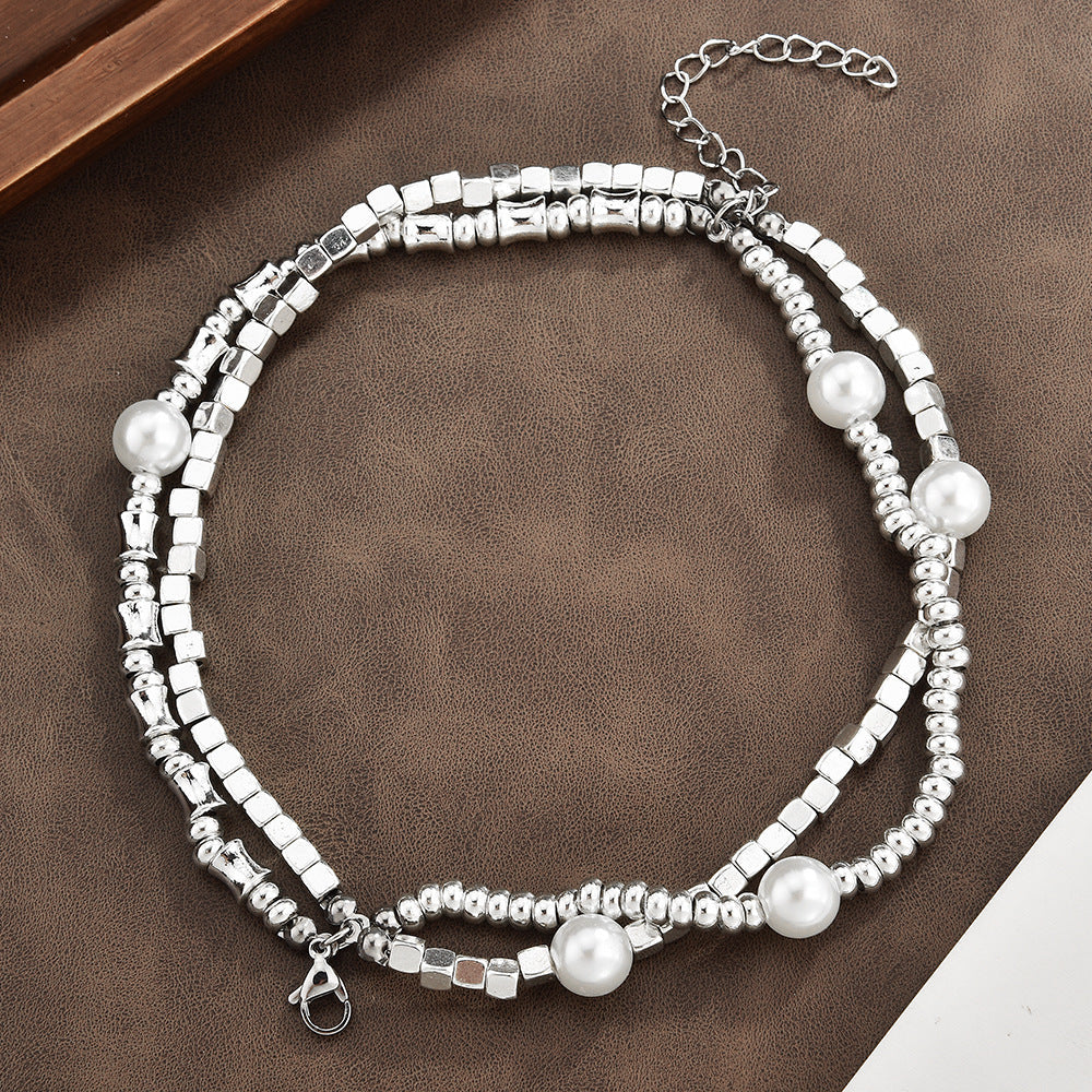 2Pcs Multi Layer Broken Silver Pearl Stretch Bracelet Set For Women, Stackable Elastic Beaded Bangle, Minimal Elegant European Spanish Fashion Jewelry
