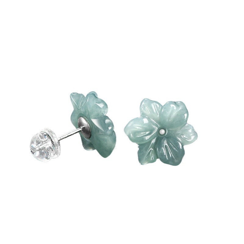 New Elegant Natural Jadeite Blue Water Orchid Earrings