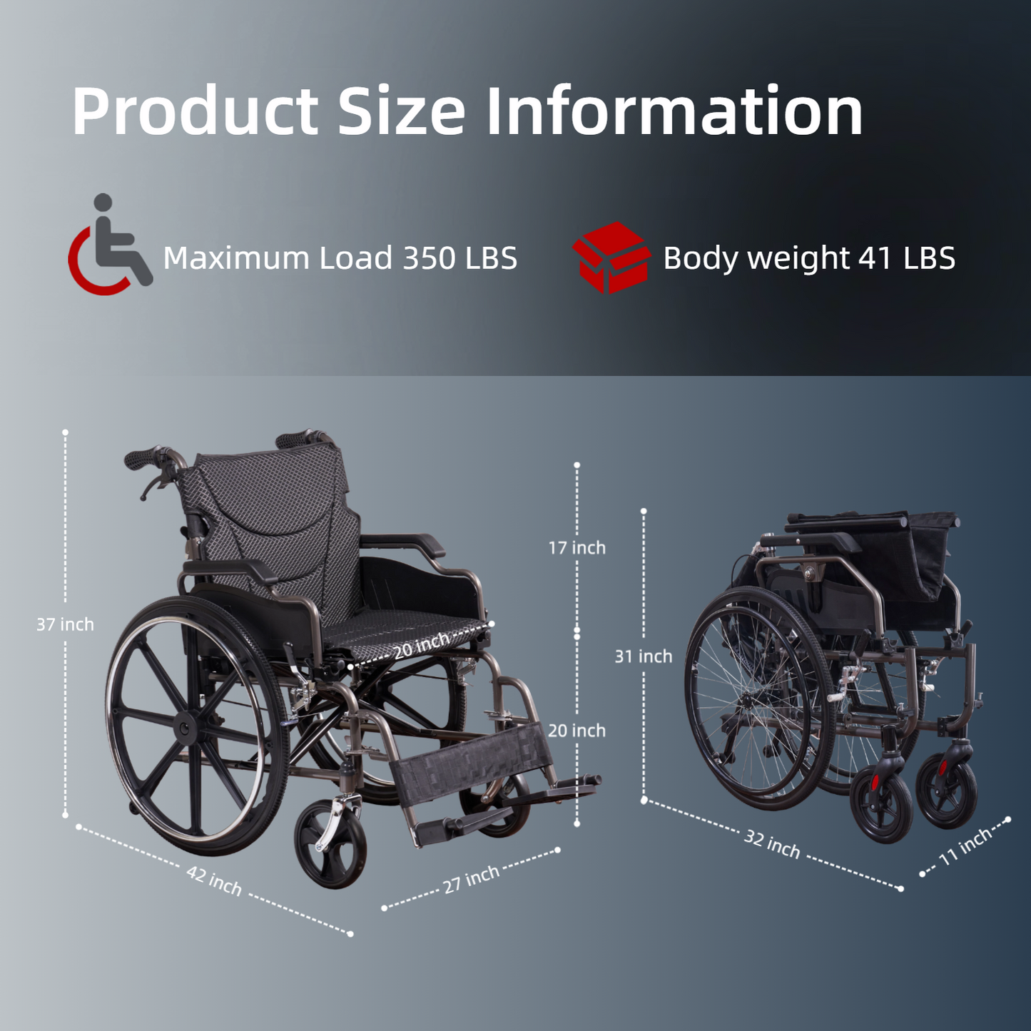Wheelchair Manual Transport Folding Carbon Steel 20 In Seat Locking Brakes