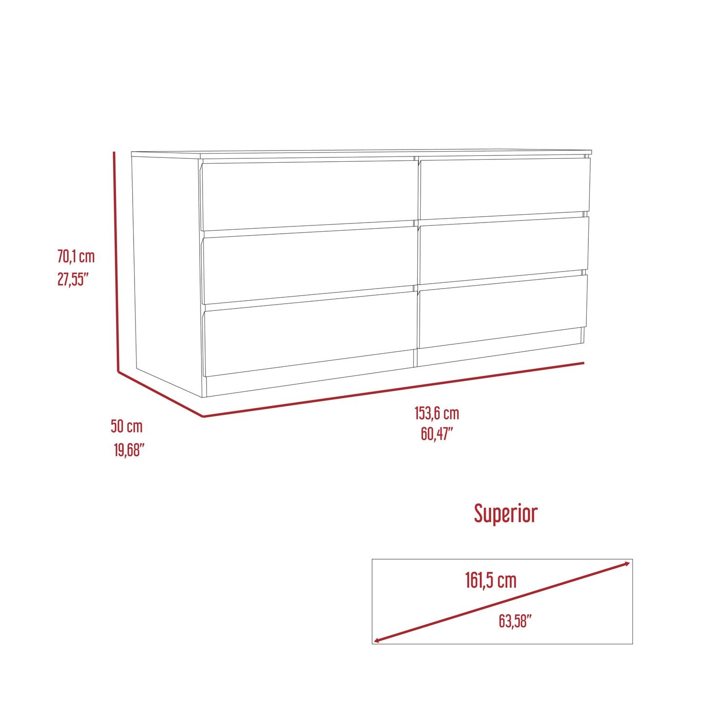 Dresser Minimalist 6-Drawer Wenge Particle Board Melamine Metal Legs 60.4 In