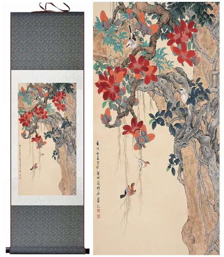 Birds and Flower Painting – Silk Scroll, Traditional Chinese Birds Printed Painting