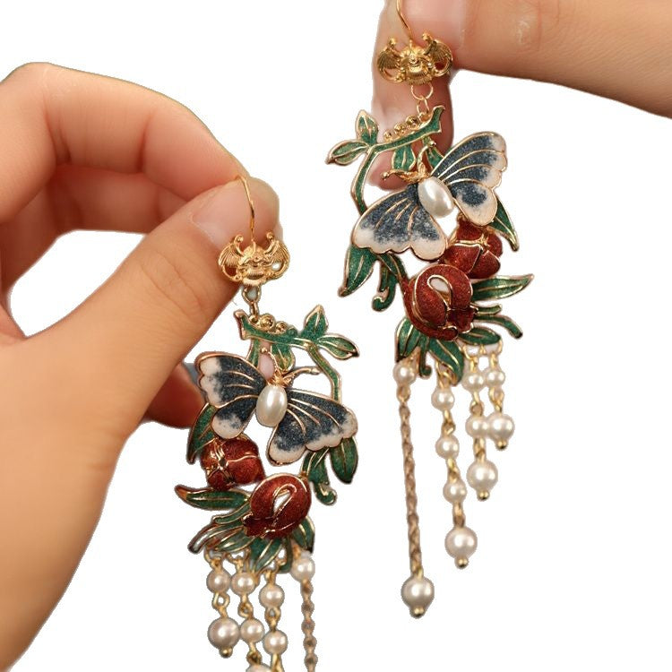 Dripping-oil Butterfly Leaf And Flower Bead Earrings