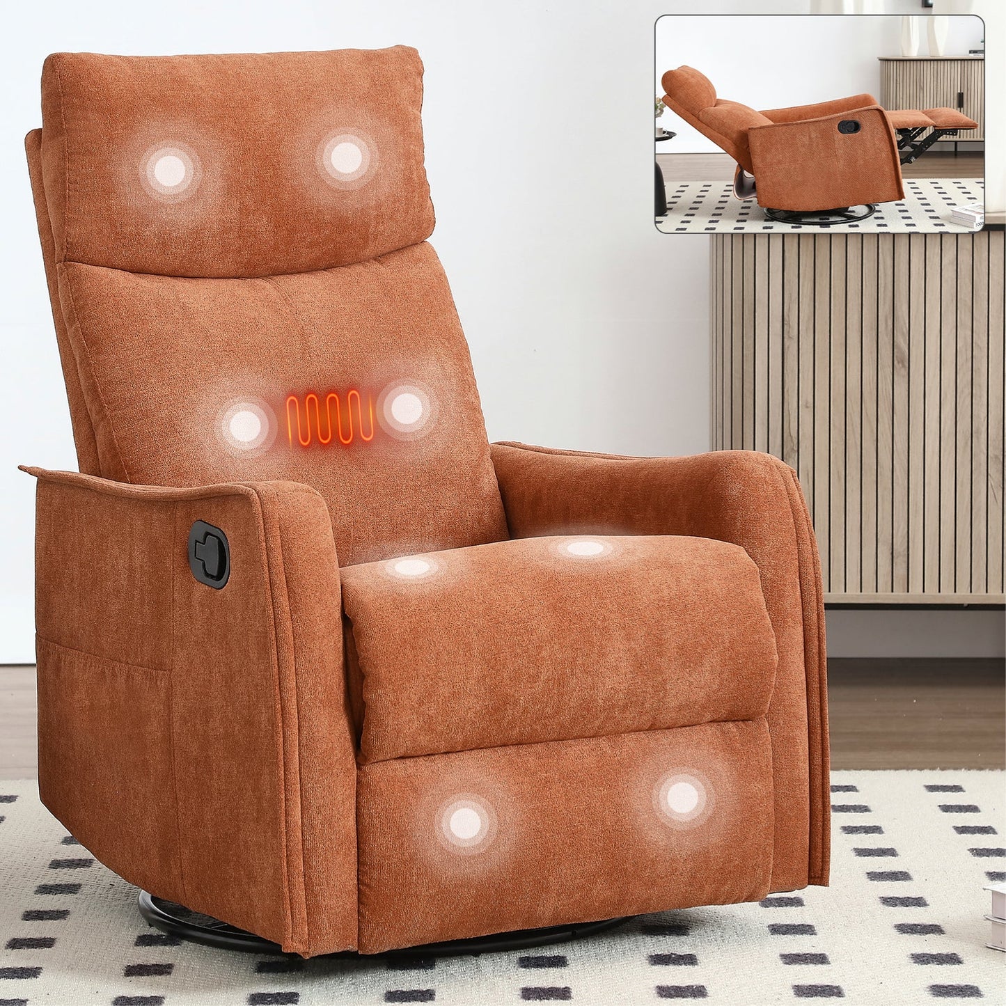 Recliner Chair Swivel Rocker Polyester Orange 360 Degree Heat Massage 155