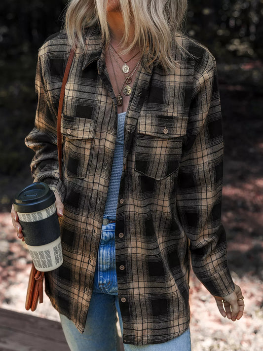 Plaid Double Flap Pocket Brushed Shacket