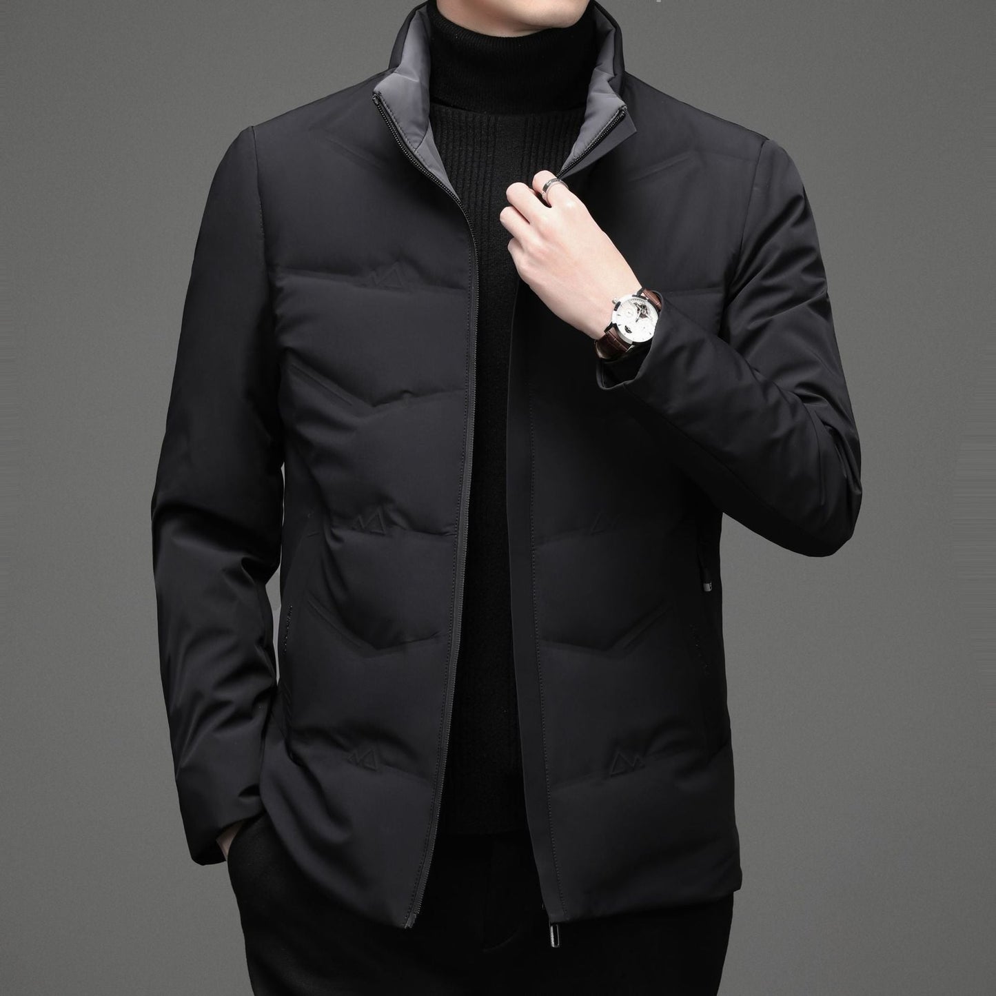 Mens Casual Color Stand-collar White Duck Down Warm Down Jacket