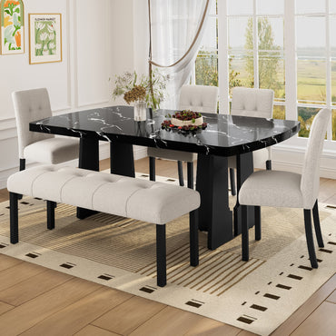 6 Piece Modern Dining Table Set, 63' Faux Marble Dining Table with Geometric