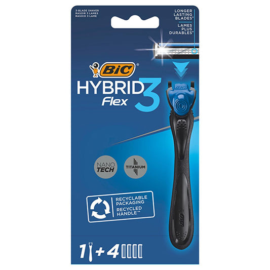 Bic Flex3 Hybrid Razor with Titanium Blades - Ergonomic Handle, Recyclable, Sensitive Skin Shaving Solution for Men