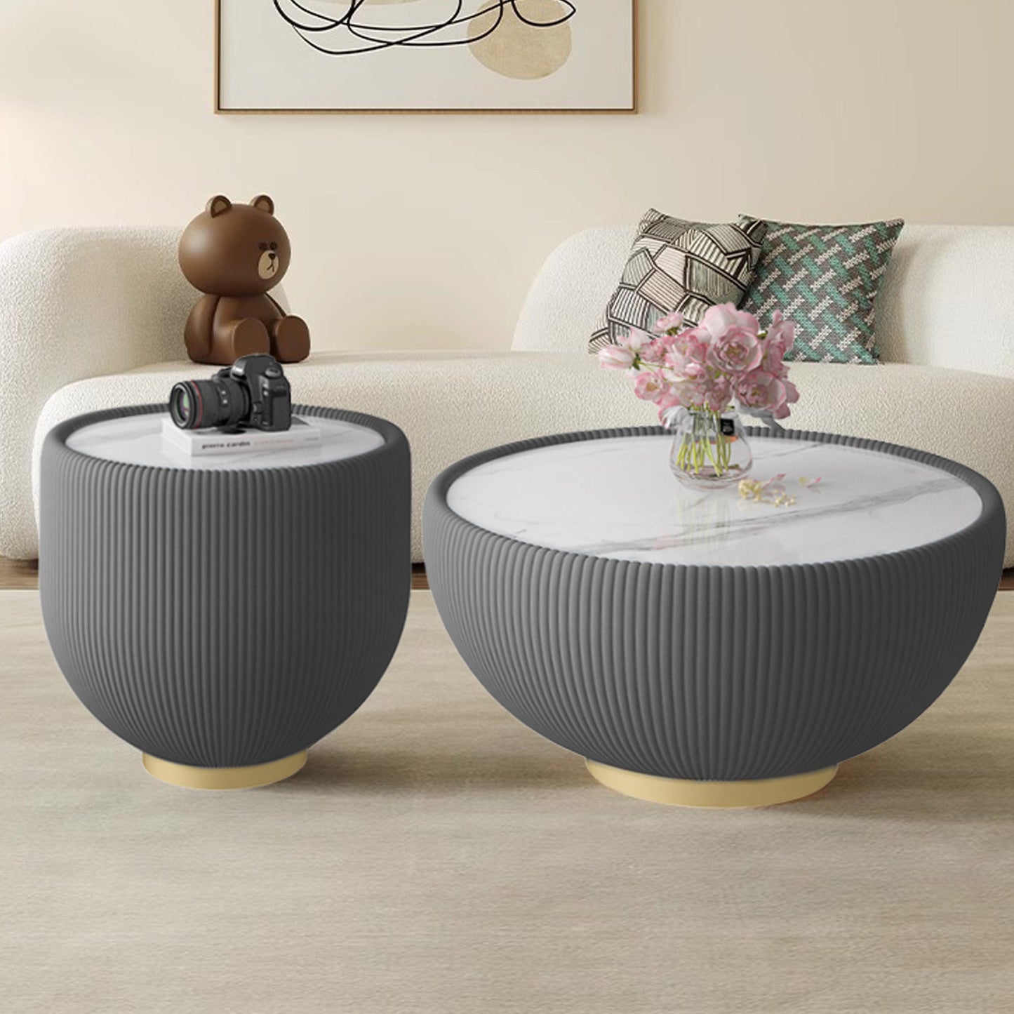 Round Sintered Stone Sofa End Table, Leather Edge, Metal Base, Living Room