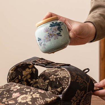 Hand-painted Magnolia Tea Storage Containers and Brocade Bag