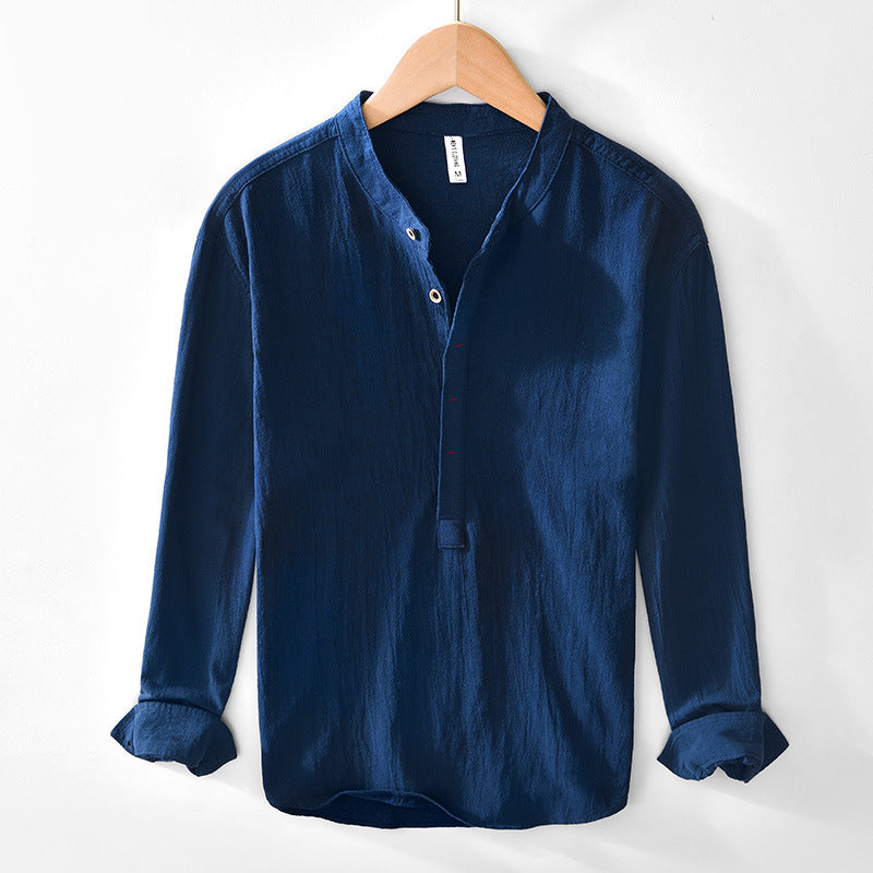 Chinese-style V-neck Pullover Cotton-linen Shirt