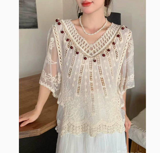 Womens Fashion Embroidered Hollow Lace Short-Sleeve Shirt