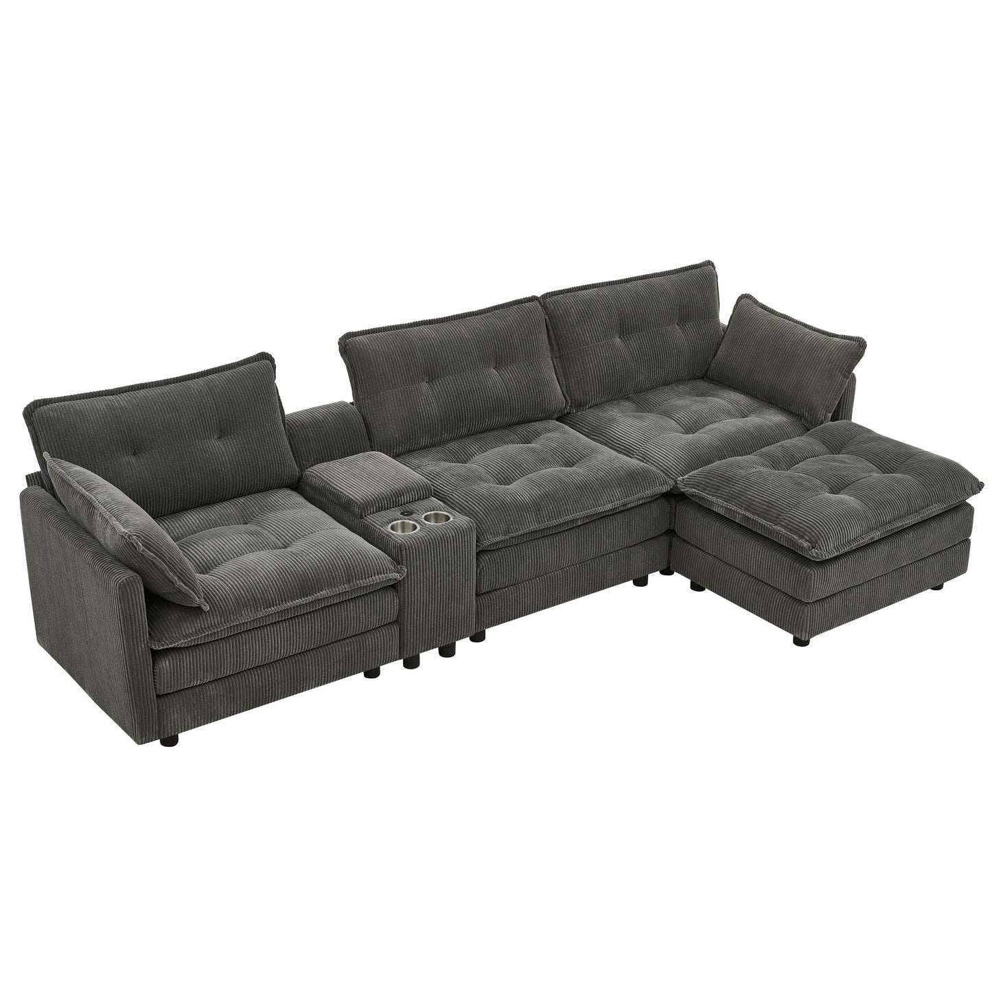 Sectional Sofa L-Shape Corduroy Gray 4 Seat USB Ports Ottoman 119 In
