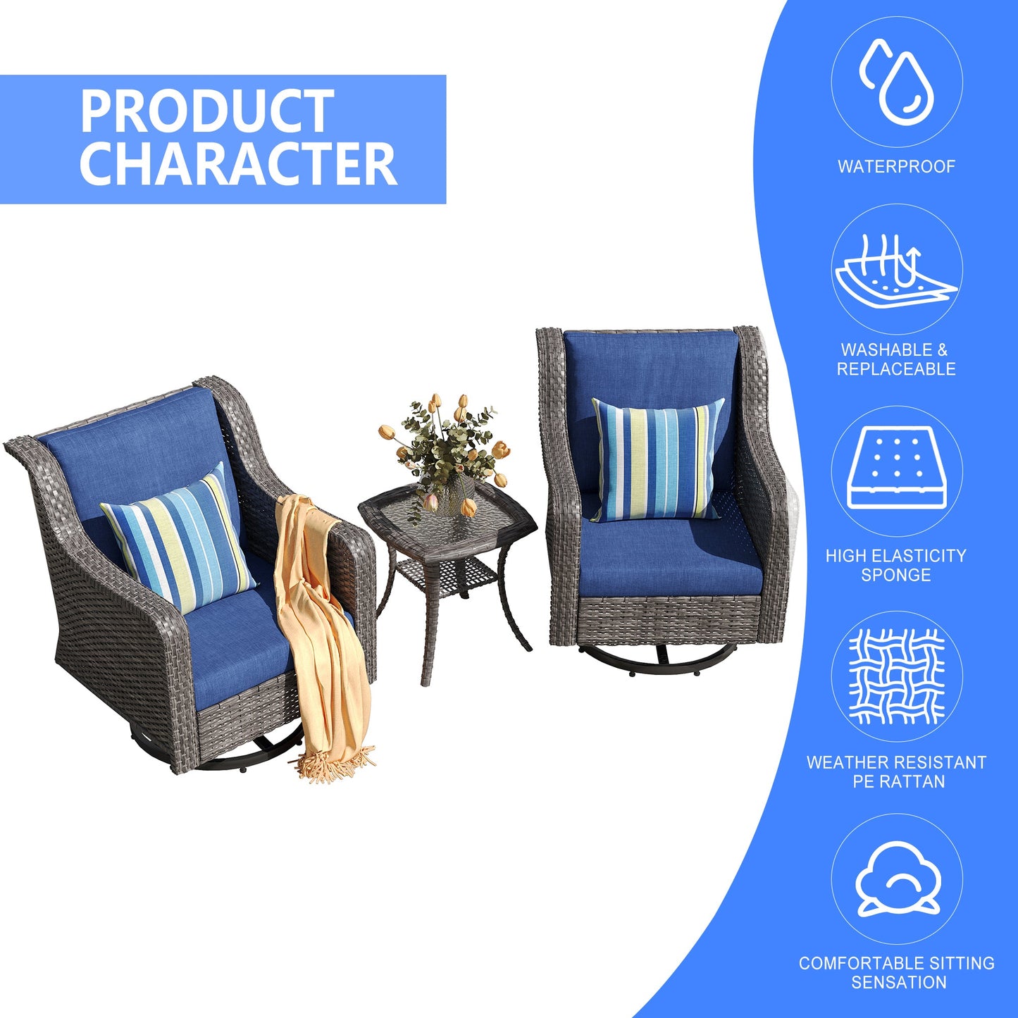 Outdoor Patio Swivel Chairs Set of 2 PE Rattan Gray