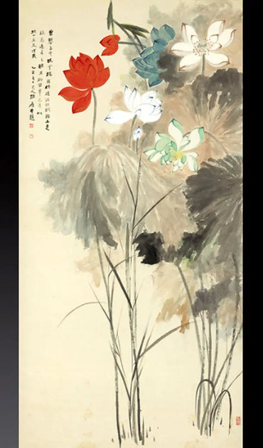 Chinese Silk Scroll Painting by Zhang Da Qian lotus Home Decoration
