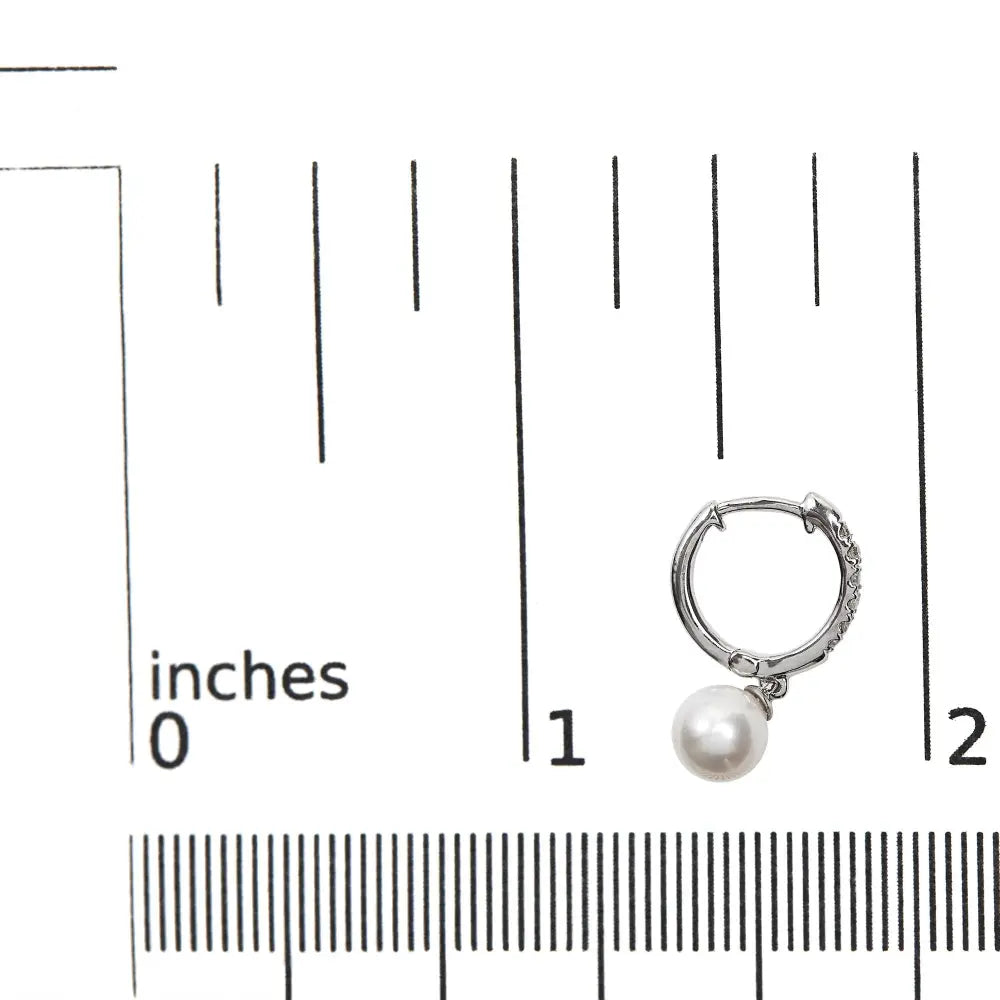 Freshwater Pearl and Diamond Drop Huggie Earrings in 10K White Gold 6mm
