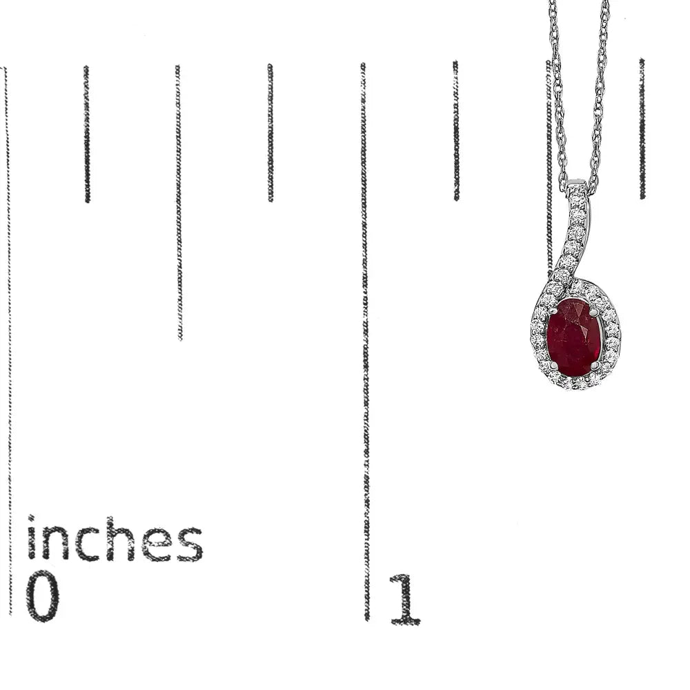 Oval Ruby and Diamond Teardrop Halo Pendant in 10K White Gold 18 Inch
