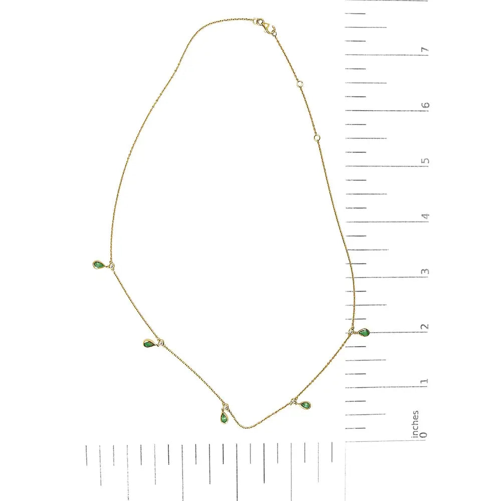 10K Yellow Gold Pear Green Emerald and Diamond Station Necklace 18