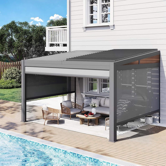 Alora Luxury Wall-Mounted Aluminum Louvered Pergola With Pull-Down Screens (SAK91537)