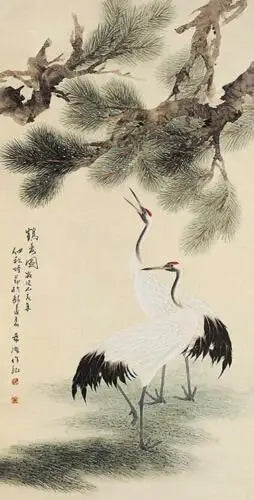 Chinese Silk Scroll Painting – Pine & Crane Wall Hanging