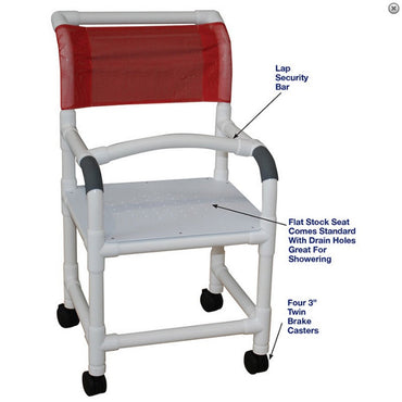 MJM International 118-3TW-F-LSB-18 Shower chair 18" internal width, 3" twin casters, flatstock seat w/ drain holes & lap security bar 300 lbs weight capacity