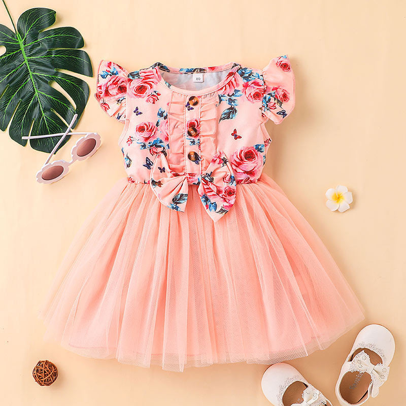 Baby Girl Printed Mesh Sweet And Cute Flying Sleeve Dress Children's Clothes Summer Skirt