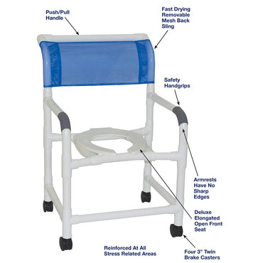 MJM International 122-4TW Wide Shower Chair 22" Internal Width, Open Front Seat, 4" Twin Casters, 375 Lbs Weight Capacity