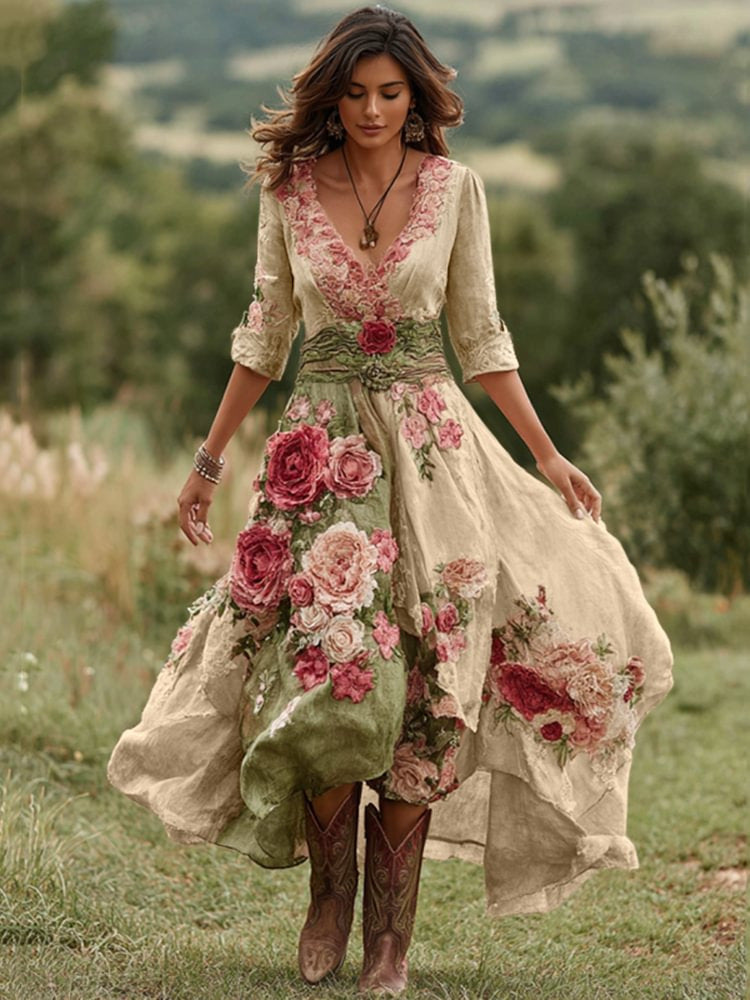 Womens Stylish And Elegant Floral Long-sleeve Dress