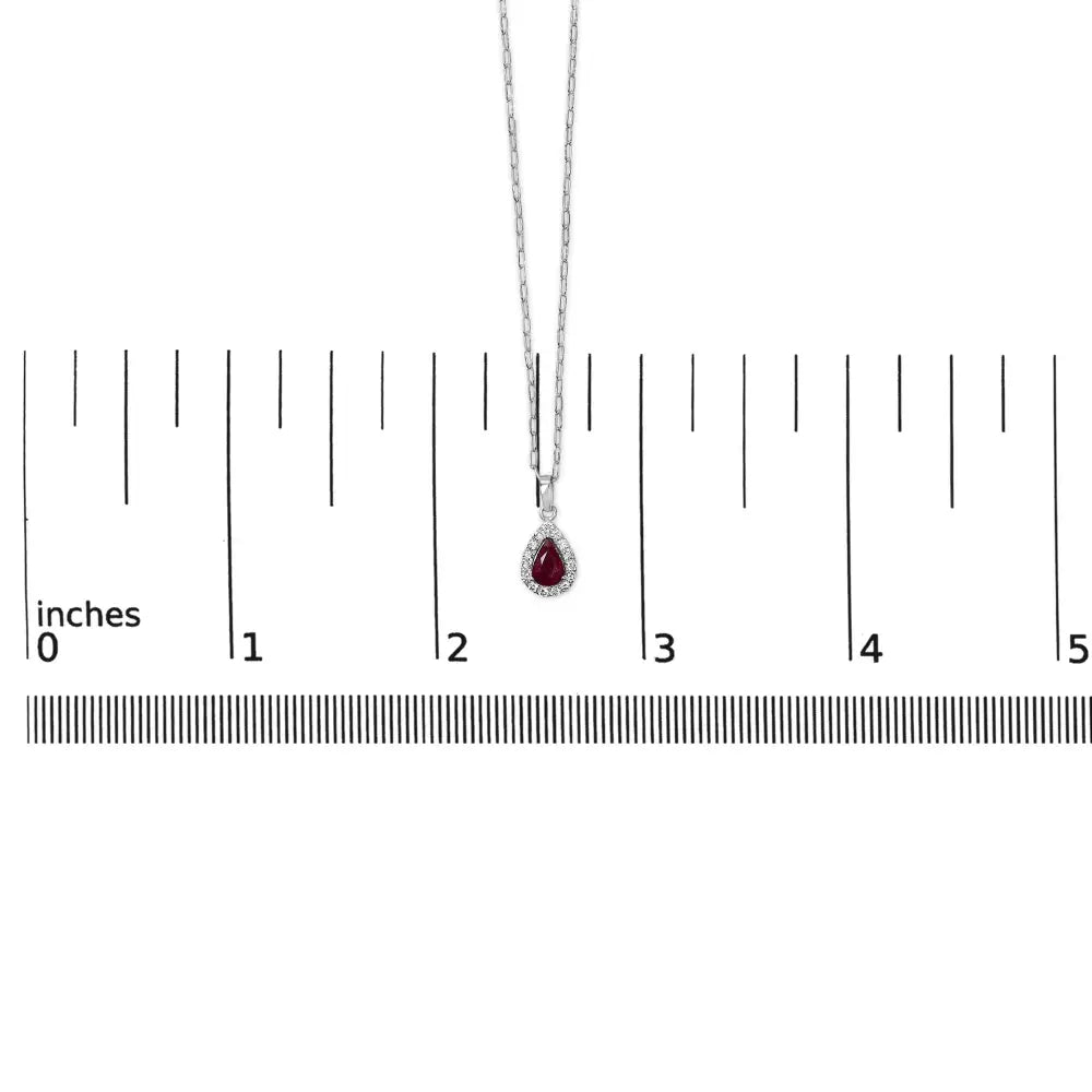 14K White Gold Pear Ruby and Diamond Halo Paperclip Necklace 18