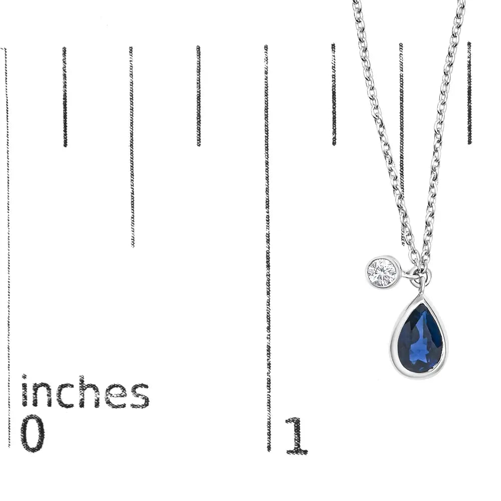 Pear Blue Sapphire and Diamond Bezel Pendant in 14K White Gold 18