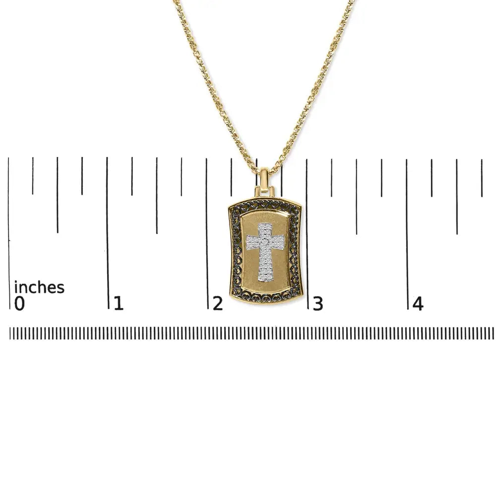Diamond Cross Dog Tag Pendant in 14K Gold Plated Sterling Silver