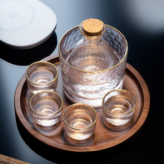 NEW Japanese Sake Pot Golden four Cups Edge Glass Set