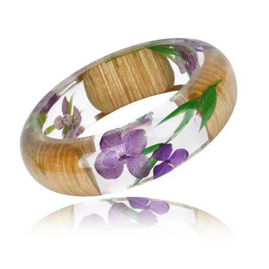 Foreign Trade Beauticul Epoxy Resin Crystal AB Glue Bamboo Bracelet with Leaf, Hydrangea, Dried Flower