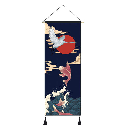 Japanese Style Scroll Painting of Crane, Landscape, or Lady