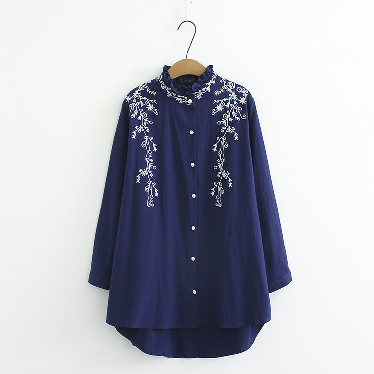 Long-Sleeved Cotton And Linen Plus Size Shirt