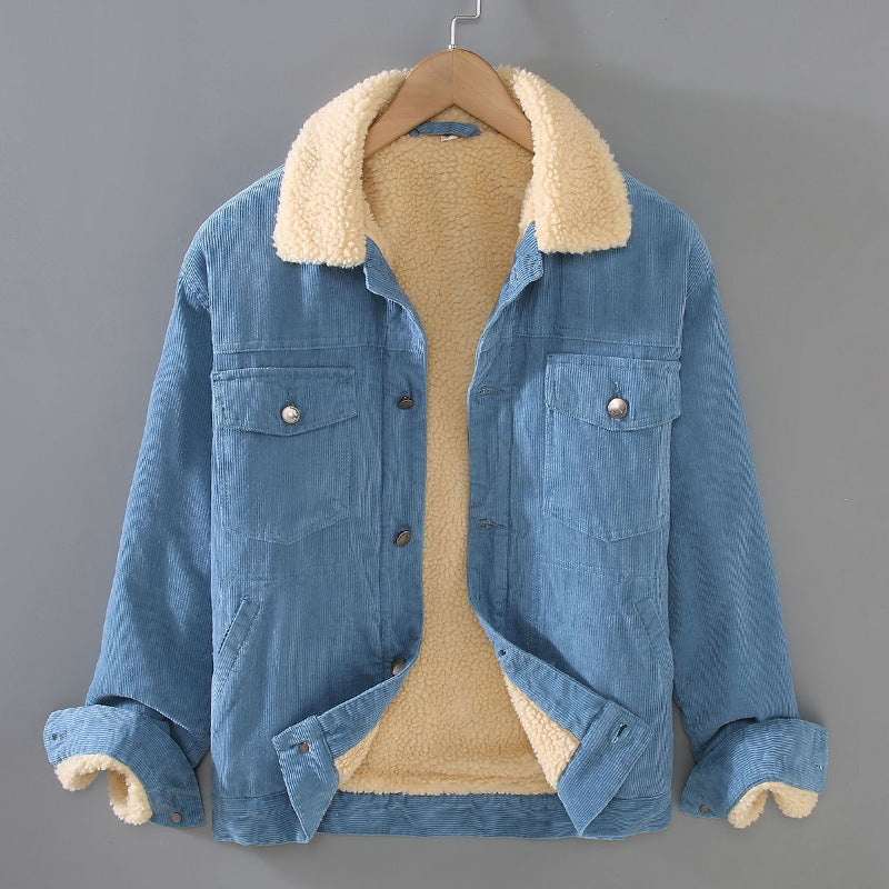 Men's Corduroy Workwear American Retro Lapels Jacket Heavy Imitation Lamb Wool Thickened Cotton-padded Coat