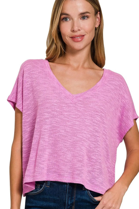 Zenana Hacci Slub V-neck Drop Shoulder Crop Top