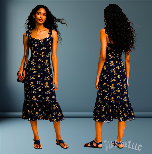 NEW SPRING PRETTY DARK BLUE Floral PRINT SHOULDER STRAP Slim Dress FOR WOMEN