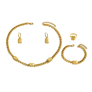 Ins Vintage Court Style Jewelry Set, Geometric Cubic Zirconia Inlaid Bracelet, Ring, Earrings & Versatile Niche Long Necklace For Women