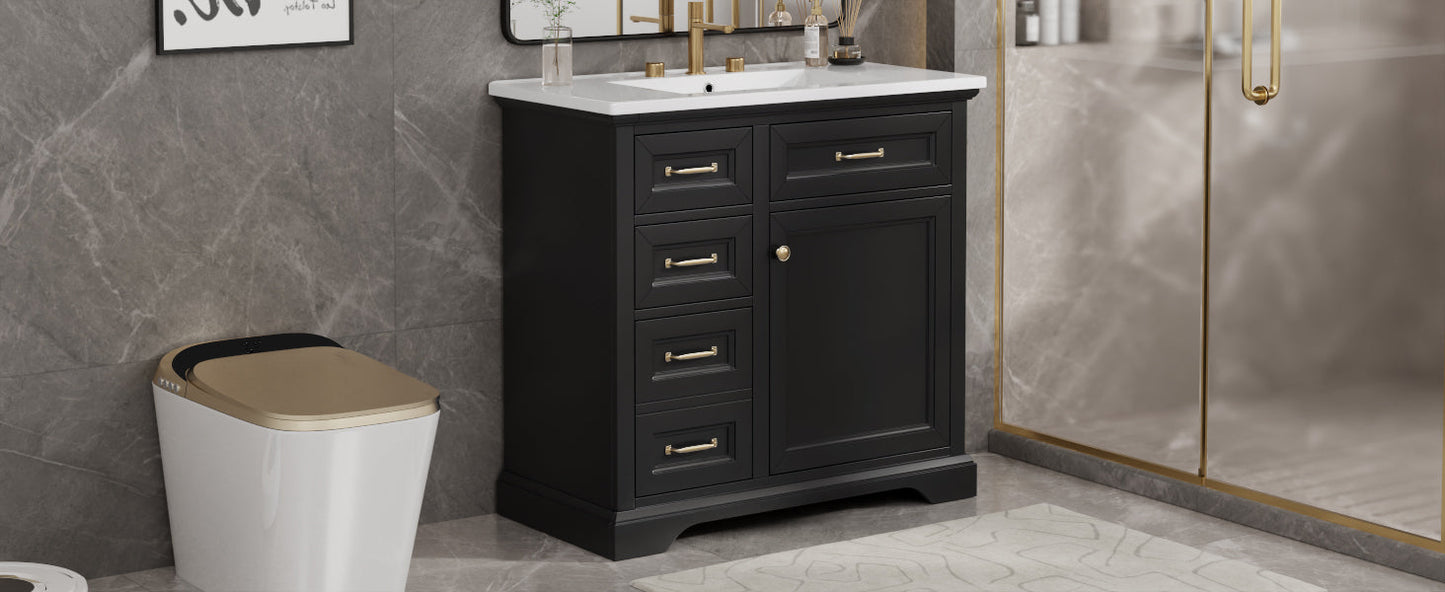 36-Inch Bathroom Vanity with Ceramic Sink Top, 4 Drawers and 1 Soft-Close Door