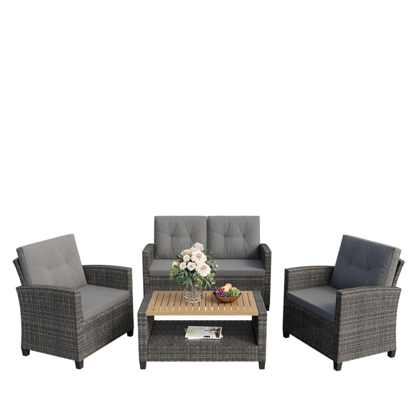 Outdoor Patio Set PE Rattan Gray 4 Piece Loveseat Chairs Acacia Table