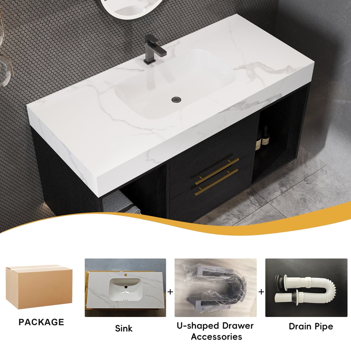 39.4' Floating Bathroom Vanity with Ceramic Sink, 2 Drawers and 2 Open Shelves