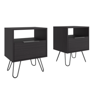 Set of 2 Modern Nightstands with Storage, Metal Legs, Wenge