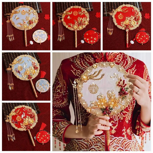 Traditional Chinese Style Bride Group Fan Handmade Flower Decorative Fan Xiuhe Fan Vintage Hanfu Fan Dance Performance