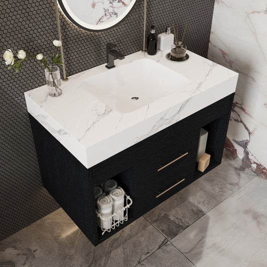 29.9' Modern Floating Bathroom Vanity with Sintered Stone Top Ceramic Undermo...