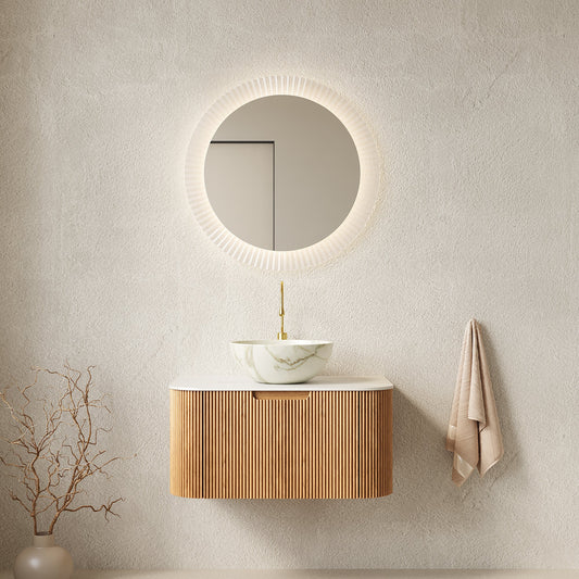 30' Bathroom Vanity&Sink, Floating Curved Edges Striped Storage Cabinet with ...