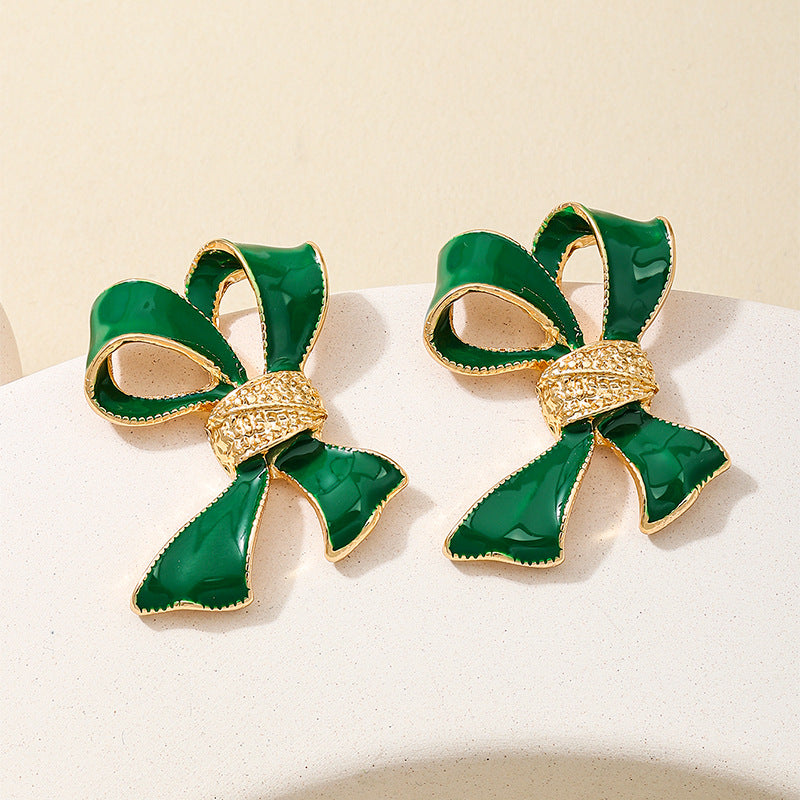 Dripping Oil Green Bow Womens Earrings