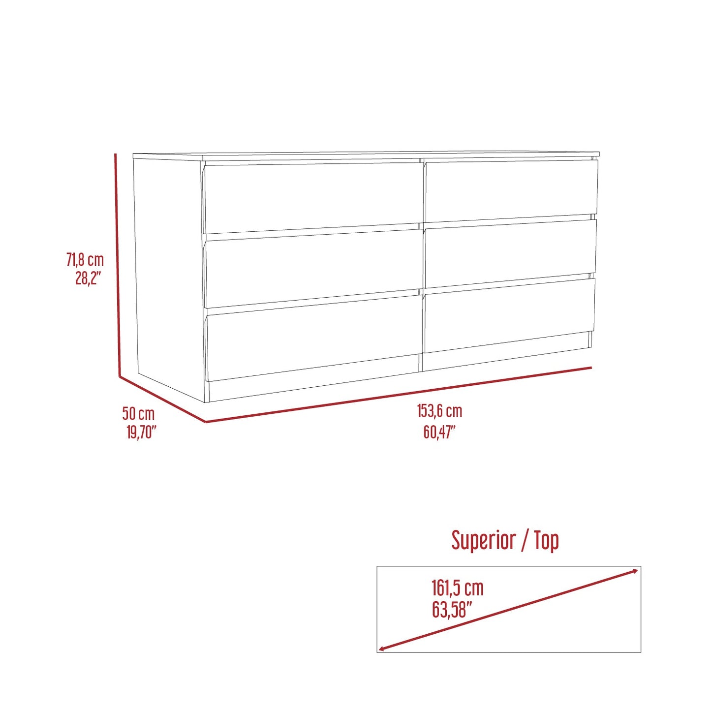 Dresser Minimalist Set of 2 6-Drawer White Particle Board Metal Legs 60.4 In