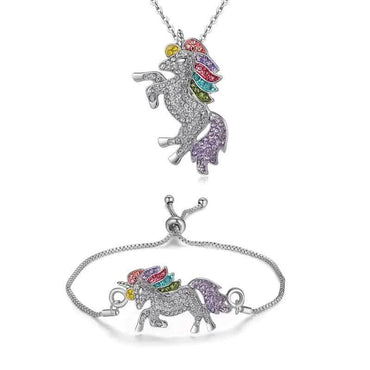 2-Piece Set: Rainbow-Colored Unicorn Necklace and Bracelet