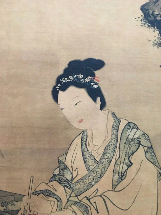 Tang Yin–Style “Poems on Red Leaves” Chinese Scroll – Ink & Color on Rice Paper